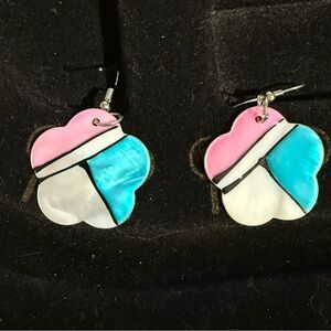 Colorful Vintage Zuni Shell Mother of Pearl Floral Earrings